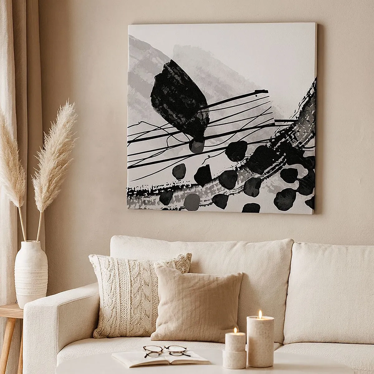 Lærredstryk - Billede på lærred - Sort og hvid organisk abstraktion - 30x30 cm