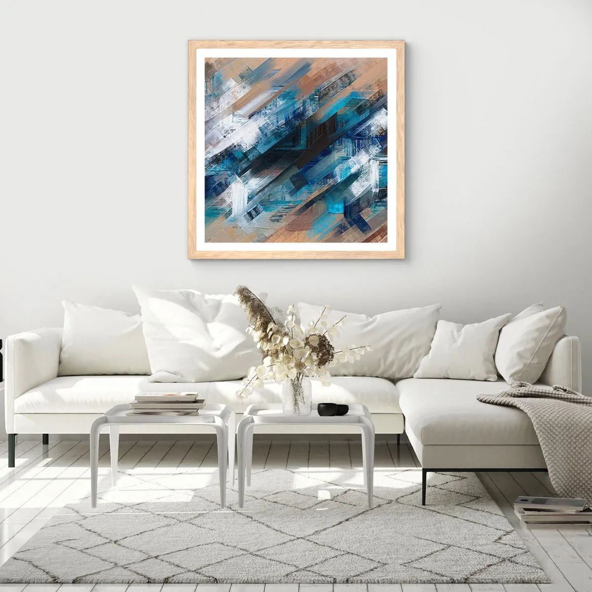 Plakat i ramme af lyst egetræ - På en blå skråning - 40x40 cm