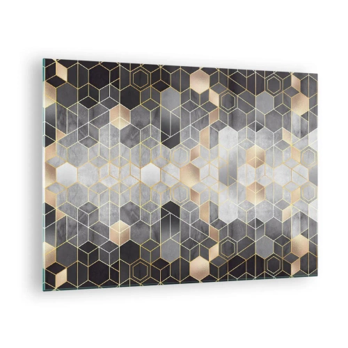 Billede på glas - Geometrisk mønster af sekskanter i gyldne linjer - 70x50cm - Sammensætning af diamanter - Moderne vægdekoration til stue og soveværelse ARTTOR