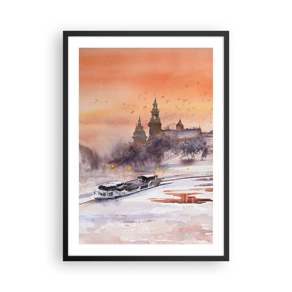 Plakat i sort ramme - Akvarel bybillede ved solnedgang - 50x70cm - Kongelig solnedgang - Moderne vægdekoration til stue og soveværelse ARTTOR