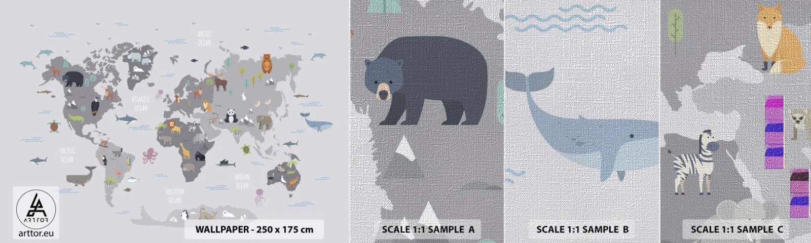 Prøve Fototapet Premium Canvas - Fortæl mig, hvor du er fra... - Verdenskort, Dyr, Kontinenter - 100x30 cm