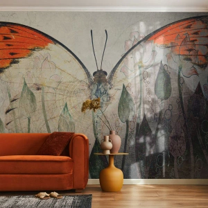 Fototapet Standard Eco - En sommerfugl med orange vinger blandt blomsterknopper - 100x70cm - "Hvor sommerfuglen svajer i græsset". - Moderne vægdekoration til stue og soveværelse ARTTOR