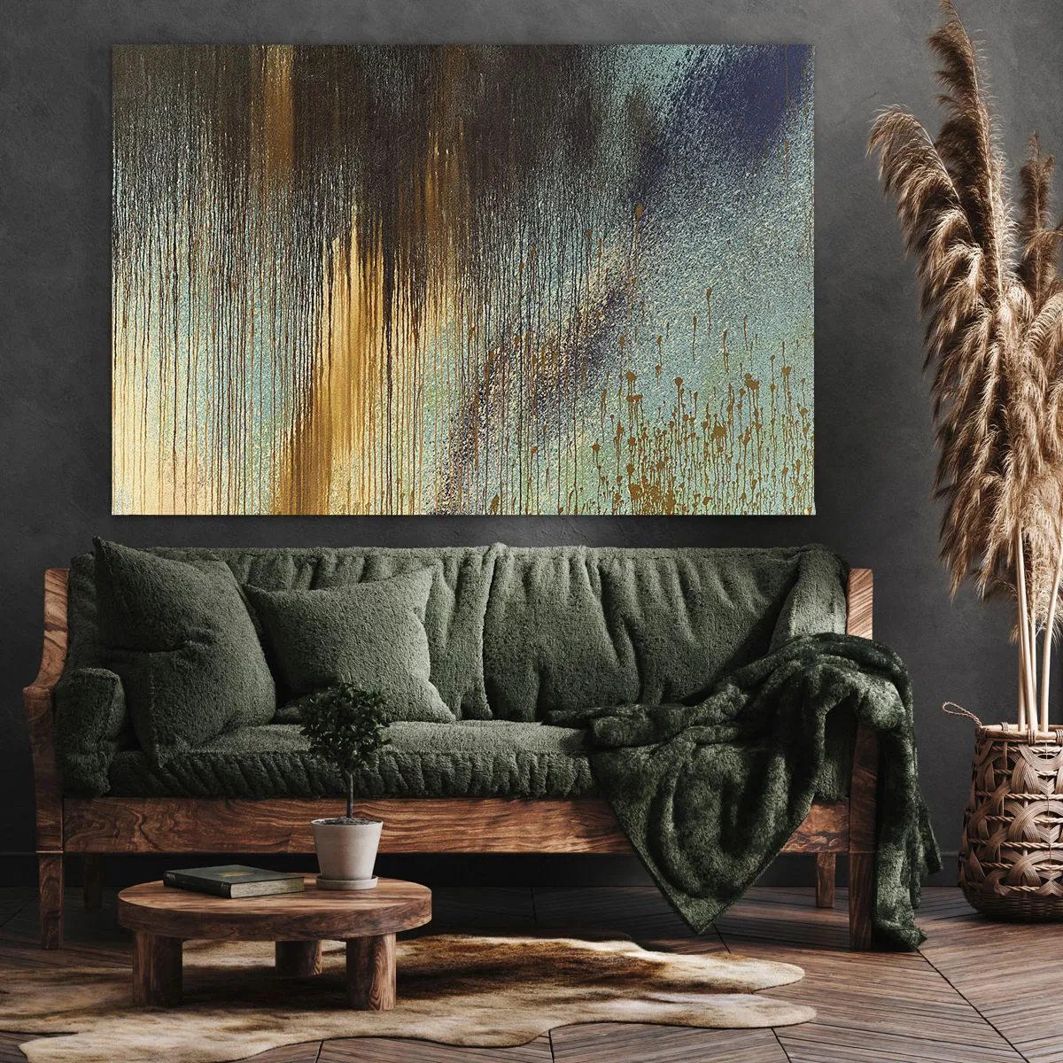Lærredstryk - Billede på lærred - En abstrakt komposition af farver i nuancer af guld, brun og blå. - 70x50cm - En utilsigtet farverig komposition - Moderne vægdekoration til stue og soveværelse ARTTOR