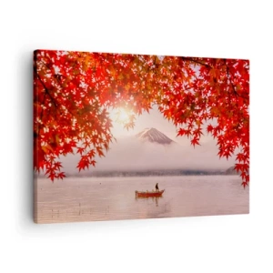 Lærredstryk - Billede på lærred - En båd på en sø omgivet af røde ahornblade - 70x50cm - I en japansk atmosfære - Moderne vægdekoration til stue og soveværelse ARTTOR