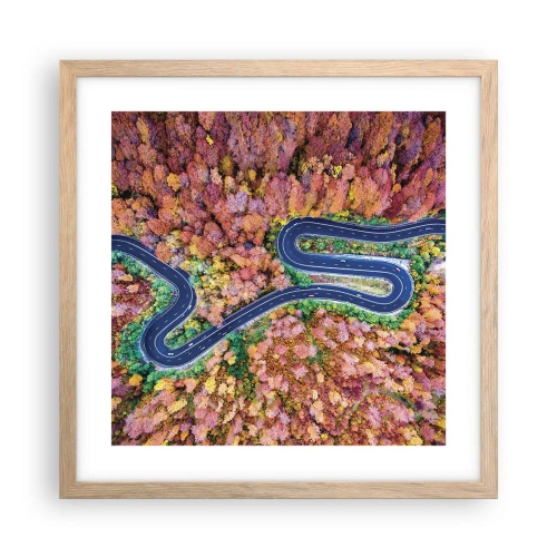 Plakat i ramme af lyst egetræ - En snoet vej gennem skoven - 40x40 cm