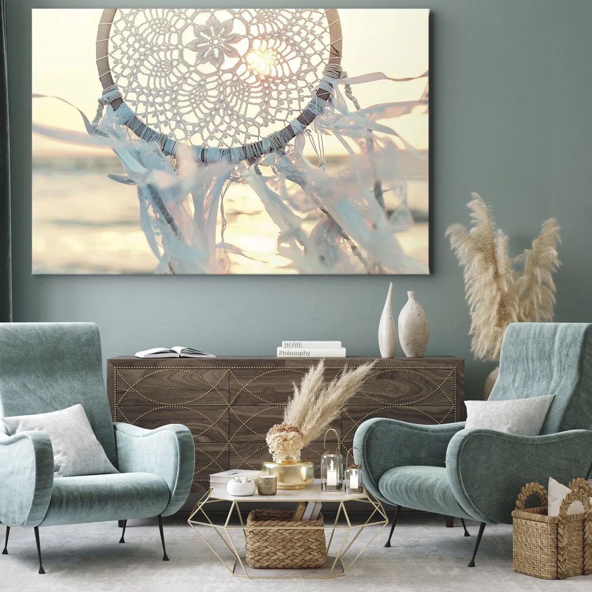 Lærredstryk - Billede på lærred - En delikat drømmefanger mod baggrunden af den nedgående sol - 70x50cm - Totem med blonder - Moderne vægdekoration til stue og soveværelse ARTTOR