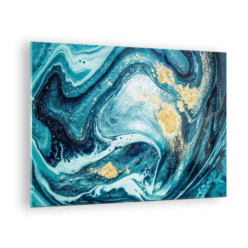 Billede på glas - Abstrakte hvirvler i nuancer af turkis og guld - 70x50cm - Blå boblebad - Moderne vægdekoration til stue og soveværelse ARTTOR