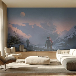 Fototapet Standard Eco - Astronauter udforsker en fremmed planet med et skibbrud. - 100x70cm - Under en ukendt stjerne - Moderne vægdekoration til stue og soveværelse ARTTOR