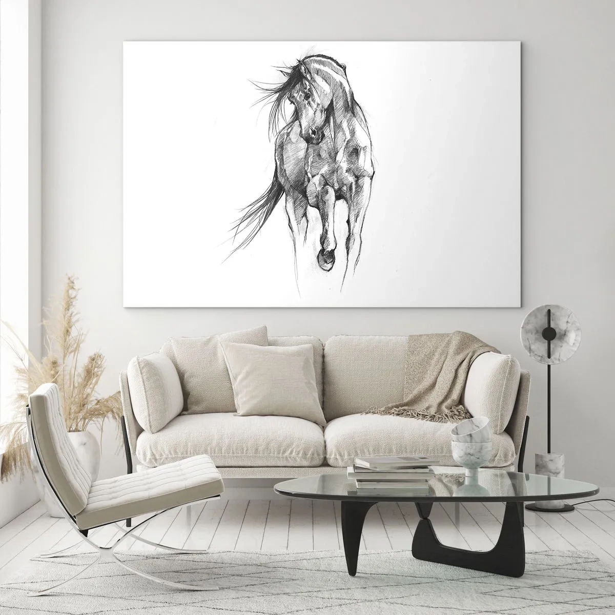 Billede på glas - En skitse af en galoperende hest i minimalistisk stil - 70x50cm - I en yndefuld trav - Moderne vægdekoration til stue og soveværelse ARTTOR