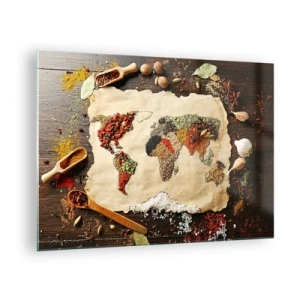 Billede på glas - Et verdenskort lavet af forskellige krydderier på en rustik baggrund. - 70x50cm - Alle verdens smage - Moderne vægdekoration til stue og soveværelse ARTTOR