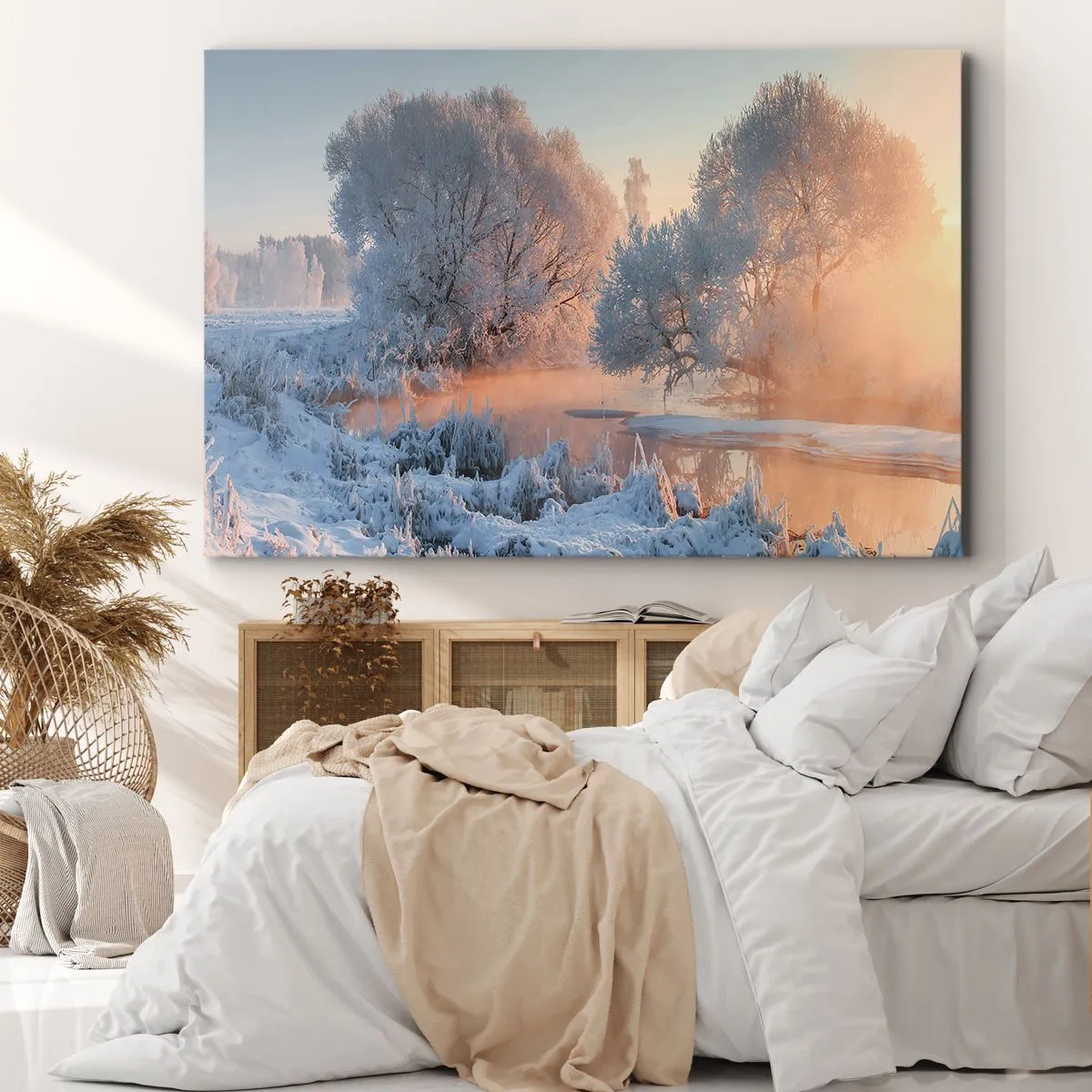 Lærredstryk - Billede på lærred - Vinterlandskab med snedækkede træer og en solnedgang - 70x50cm - Alt lyser i solskinnende krystal - Moderne vægdekoration til stue og soveværelse ARTTOR