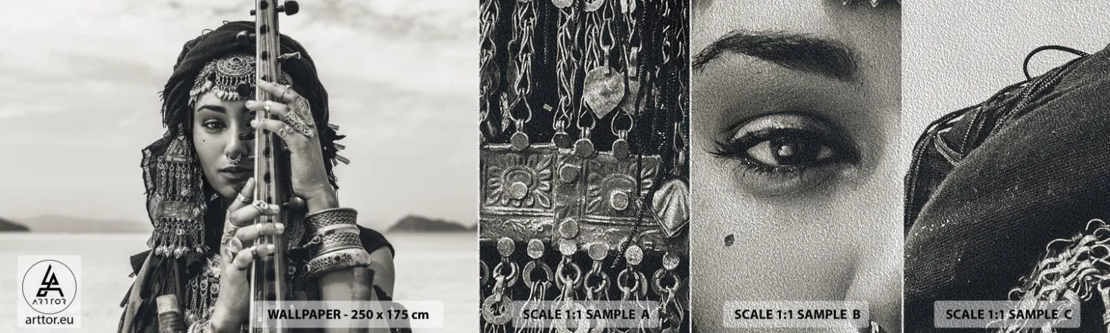 Prøve Fototapet Premium Sand - Selve den orientalske musik - Kvinde, Boho, Smykker - 100x30 cm