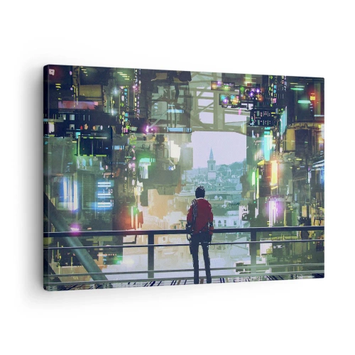 Lærredstryk - Billede på lærred - En figur i en futuristisk by med neonlys - 70x50cm - To verdener - Moderne vægdekoration til stue og soveværelse ARTTOR