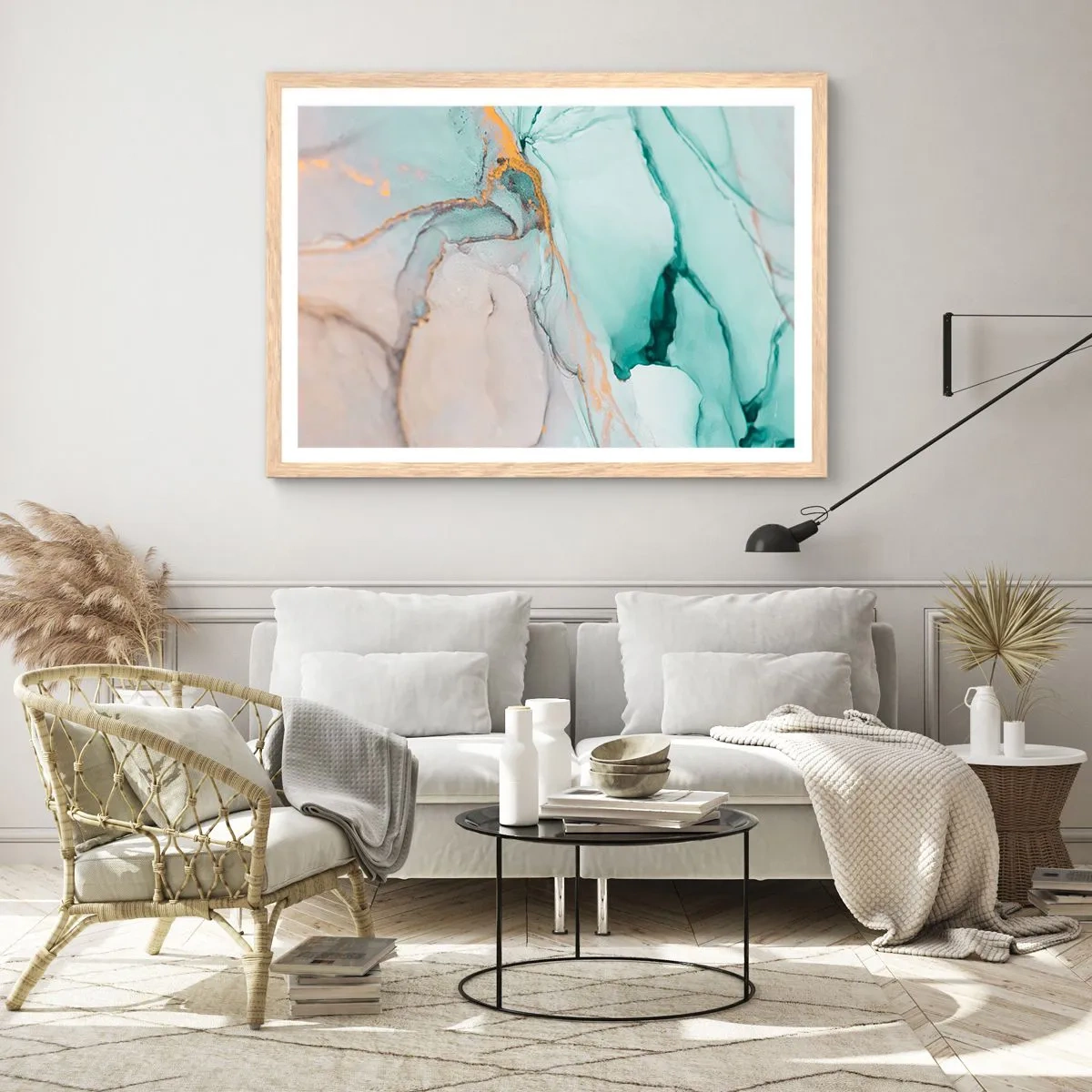 Plakat i ramme af lyst egetræ - Dans af former og farver - 50x40 cm