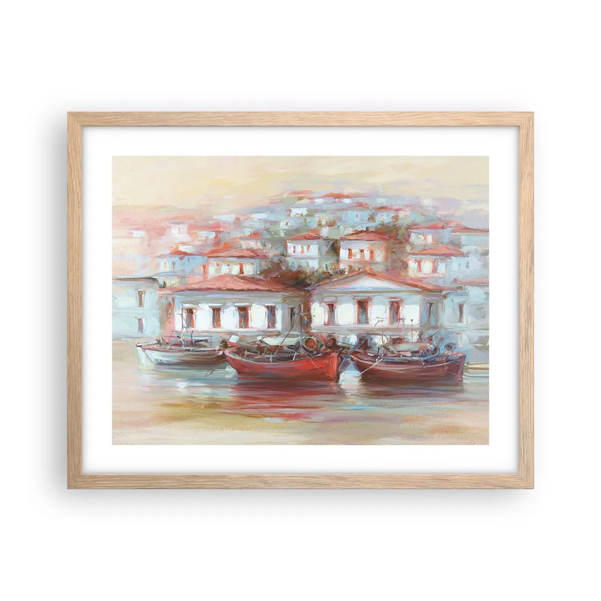 Plakat i ramme af lyst egetræ - Lykkelig by - 50x40 cm