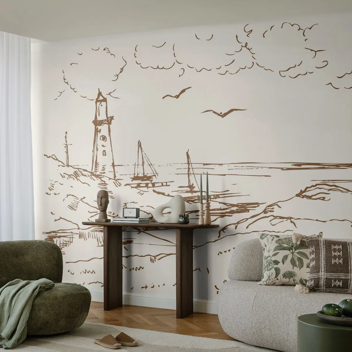 Fototapet Premium Sand - Oversigt over sommerminder - Grafik, Kyst, Fyrtårn - 100x70 cm