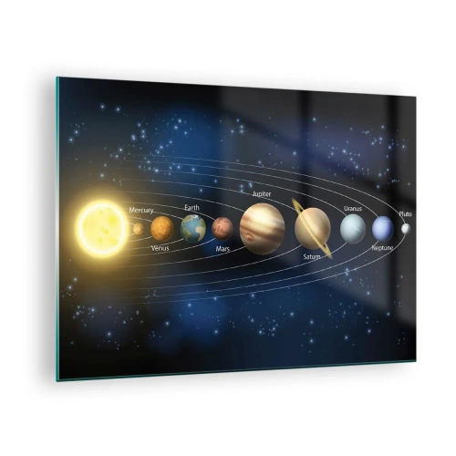 Billede på glas - Solsystemet med planeter og stjerner i baggrunden - 70x50cm - En ud af ti - Moderne vægdekoration til stue og soveværelse ARTTOR