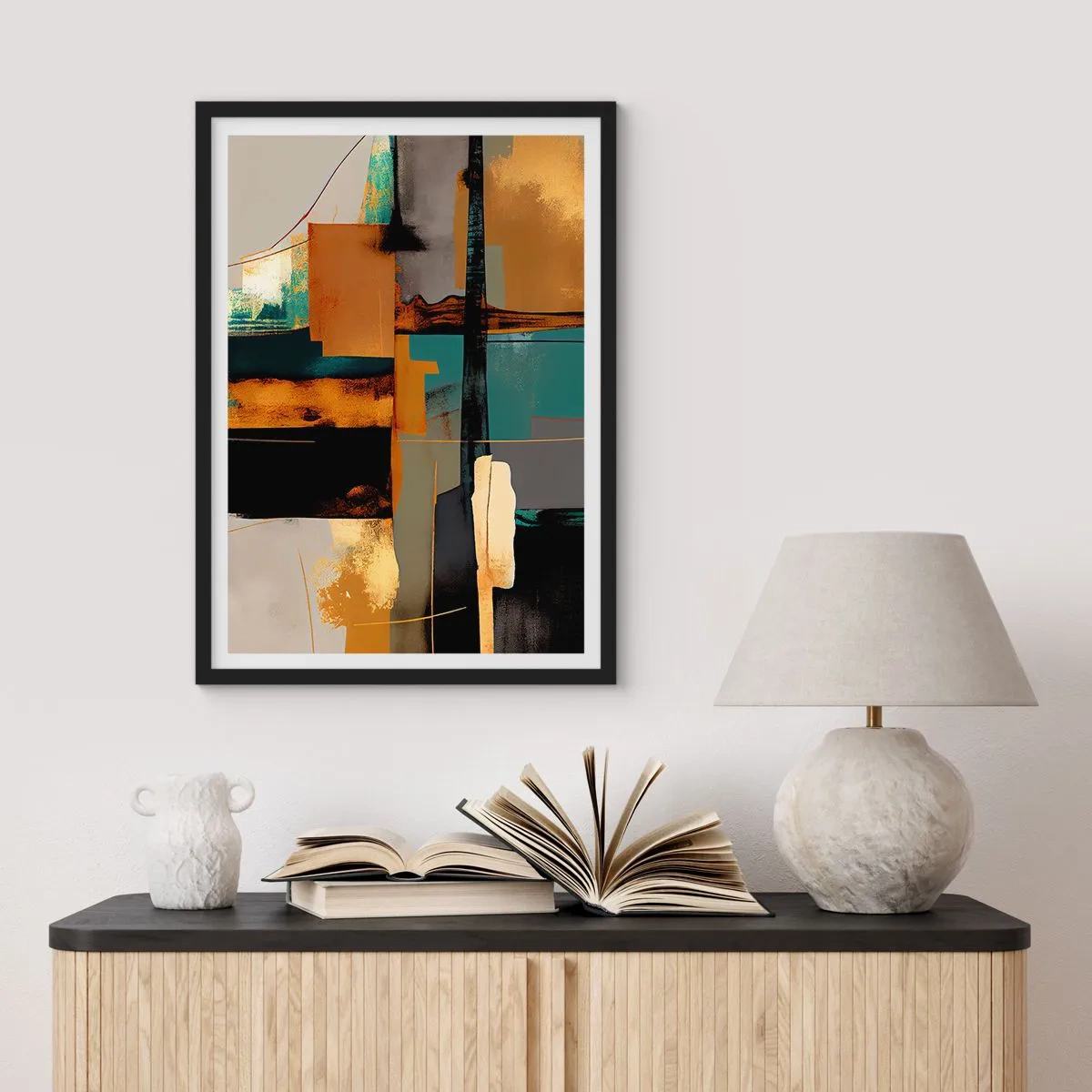 Plakat i sort ramme - En abstrakt komposition i nuancer af guld og turkis - 50x70cm - Abstraktion - lys og skygge - Moderne vægdekoration til stue og soveværelse ARTTOR