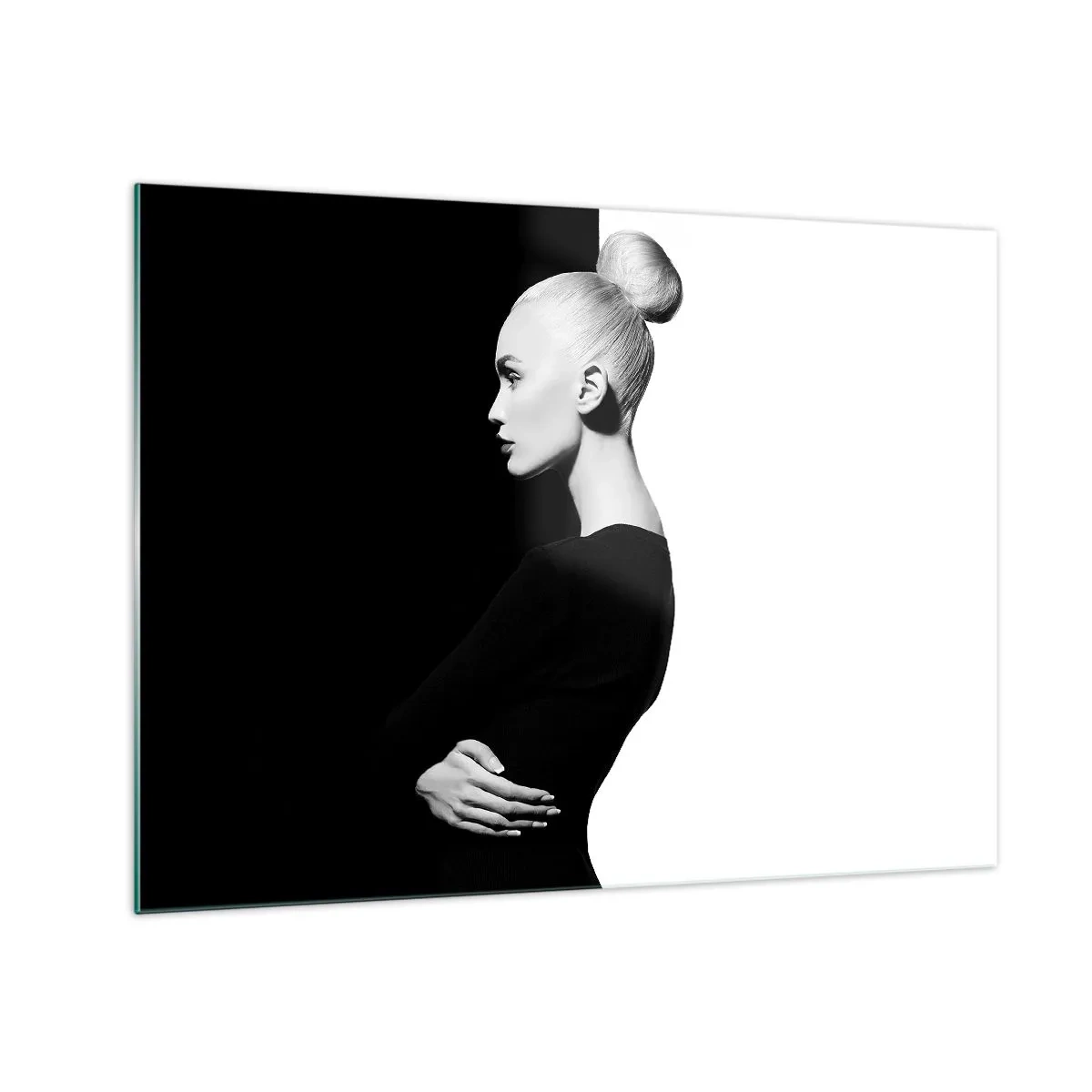 Billede på glas - Sort-hvidt portræt af en kvinde i en elegant knold - 70x50cm - Blot en kvinde - Moderne vægdekoration til stue og soveværelse ARTTOR