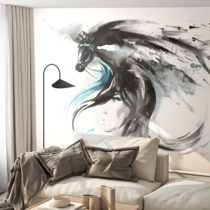 Fototapet Standard Eco - En kvinde og en hest i en kunstnerisk sort-hvid komposition - 100x70cm - Den sorte prins' galop - Moderne vægdekoration til stue og soveværelse ARTTOR