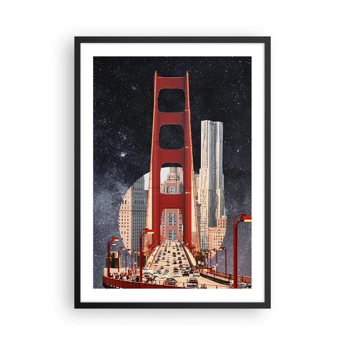 Plakat i sort ramme - En bro og skyskrabere mod stjernehimlen - 50x70cm - Altid i centrum - Moderne vægdekoration til stue og soveværelse ARTTOR