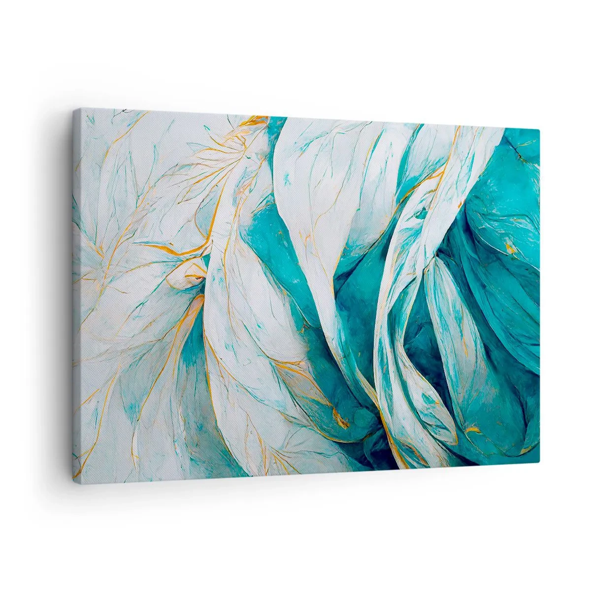 Lærredstryk - Billede på lærred - Abstrakte blå blade med gulddetaljer - 70x50cm - Blå abstraktion med et guldmotiv - Moderne vægdekoration til stue og soveværelse ARTTOR