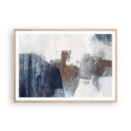 Plakat i ramme af lyst egetræ - Blåbrune former - 100x70 cm