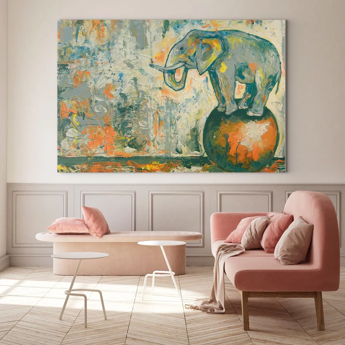 Billede på glas - Abstrakt elefant balancerer på en bold - 70x50cm - Længe leve cirkusset! - Moderne vægdekoration til stue og soveværelse ARTTOR