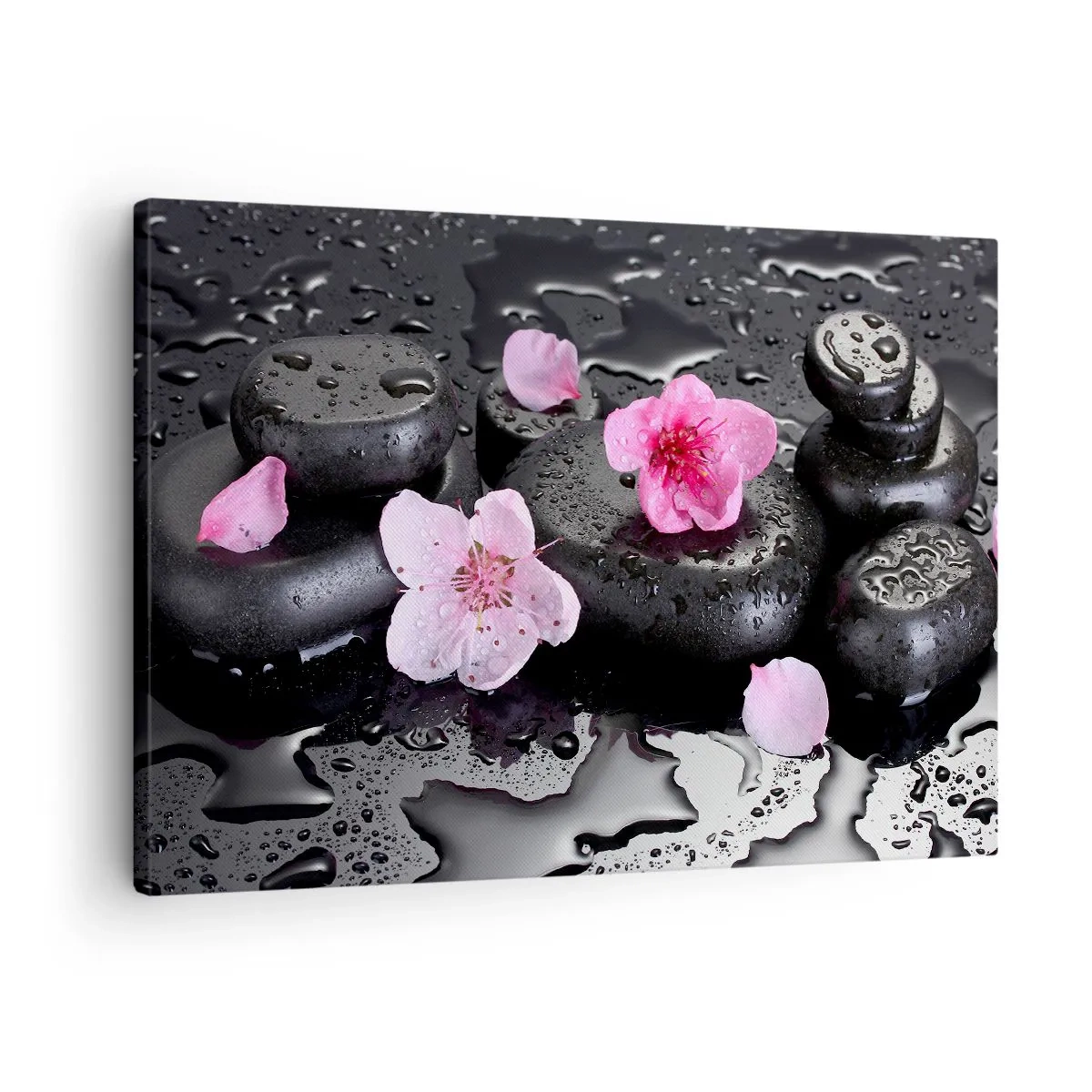 Lærredstryk - Billede på lærred - Sorte sten og lyserøde blomster i spa-stil - 70x50cm - Og stenen falder fra hjertet - Moderne vægdekoration til stue og soveværelse ARTTOR