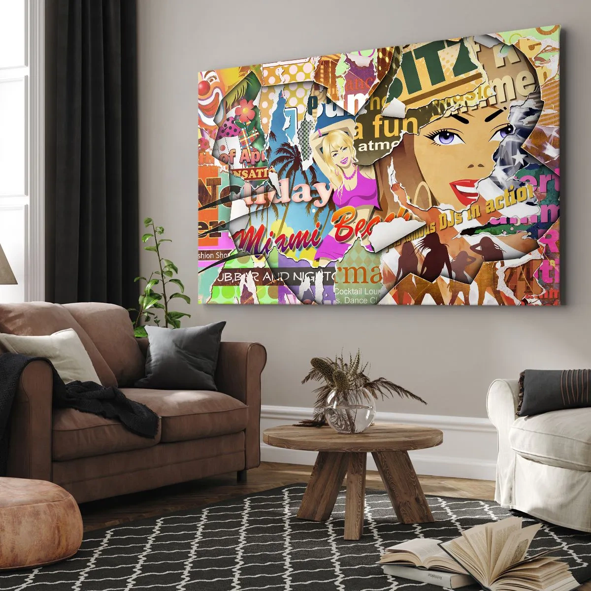 Lærredstryk - Billede på lærred - En farverig collage med retro- og pop art-elementer. - 70x50cm - Tilbageblikke på ferien - Moderne vægdekoration til stue og soveværelse ARTTOR