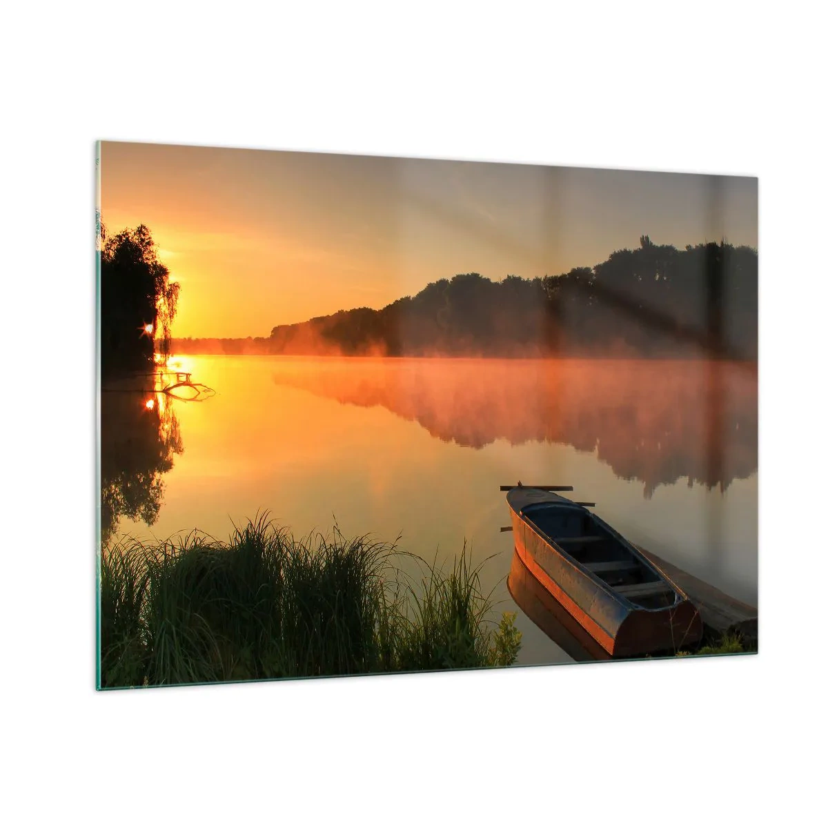Billede på glas - Solopgang over vand som en spejlplade - 100x70 cm