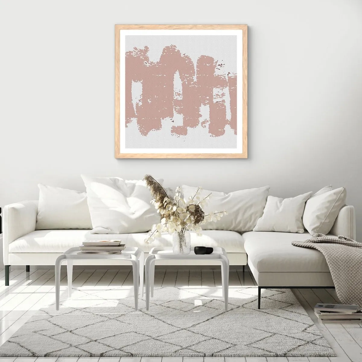Plakat i ramme af lyst egetræ - Abstraktion i sart rosa - 40x40 cm