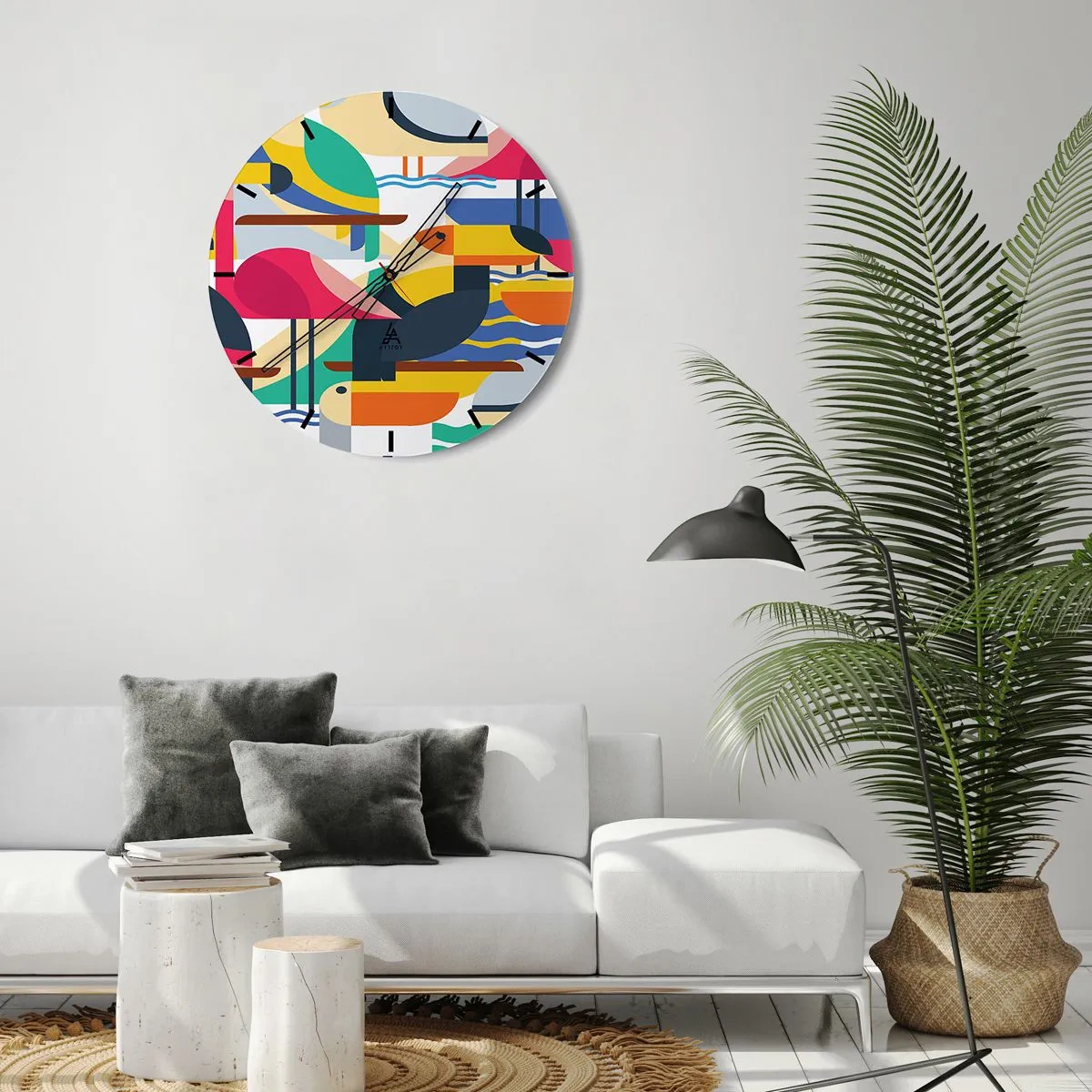 Vægur, Uret - Et farverigt mønster med fugle og geometriske former - 30x30cm - Fuglefest - Moderne vægdekoration til stue, køkken og soveværelse ARTTOR