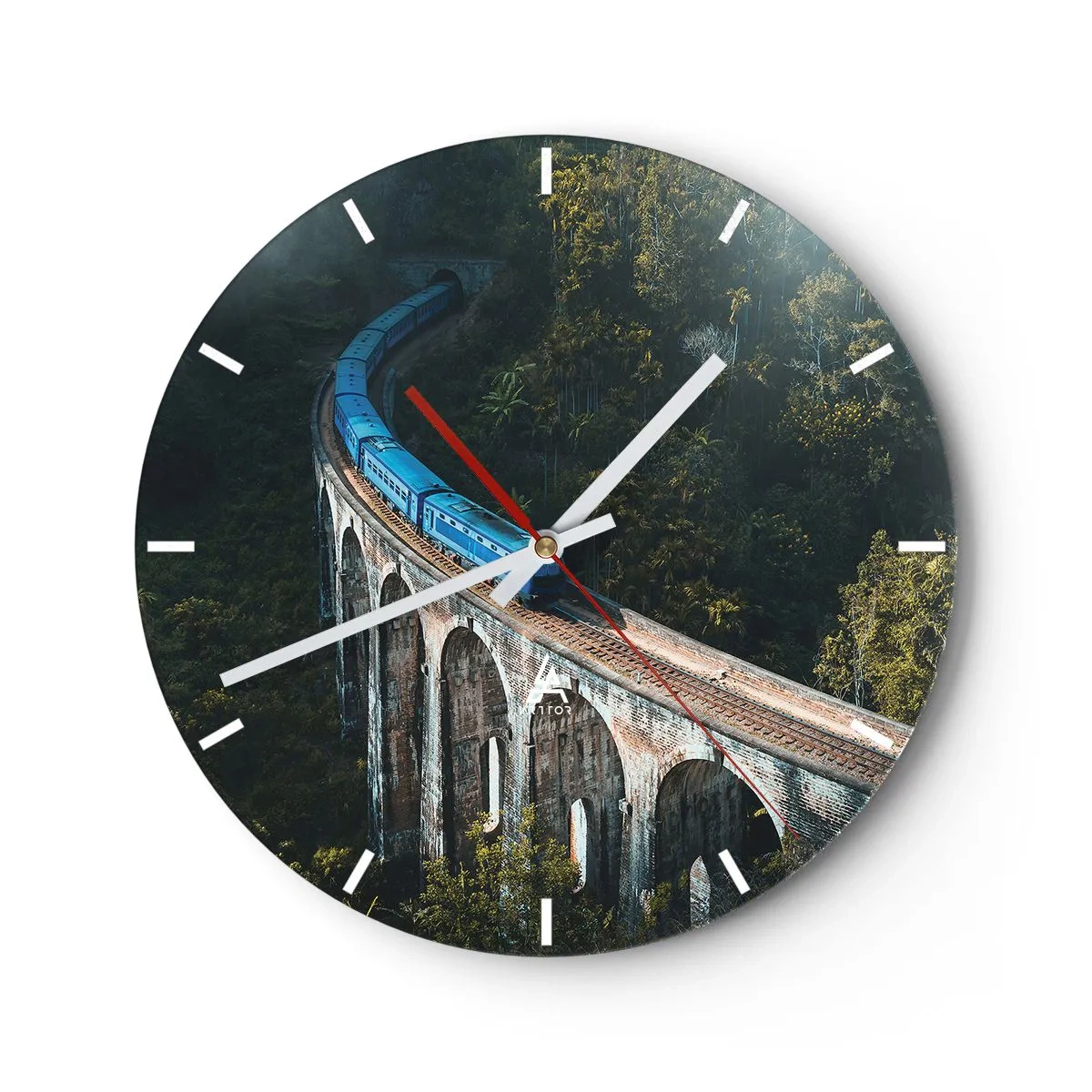 Vægur, Uret - Et tog på en viadukt midt i tropisk grønt - 30x30cm - Tog til naturen - Moderne vægdekoration til stue, køkken og soveværelse ARTTOR