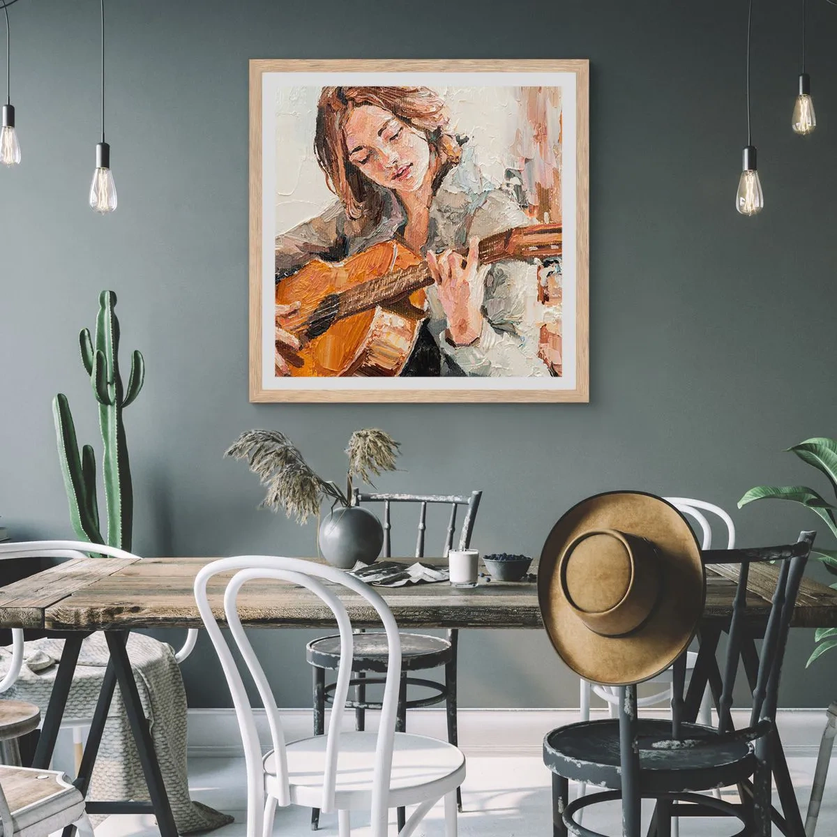 Plakat i ramme af lyst egetræ - Koncert for guitar og et pigehjerte - 40x40 cm