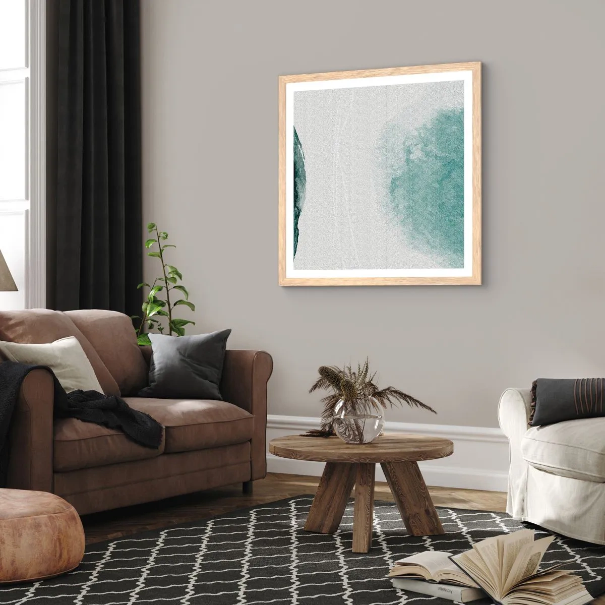 Plakat i ramme af lyst egetræ - Et møde med tåge - 50x50 cm