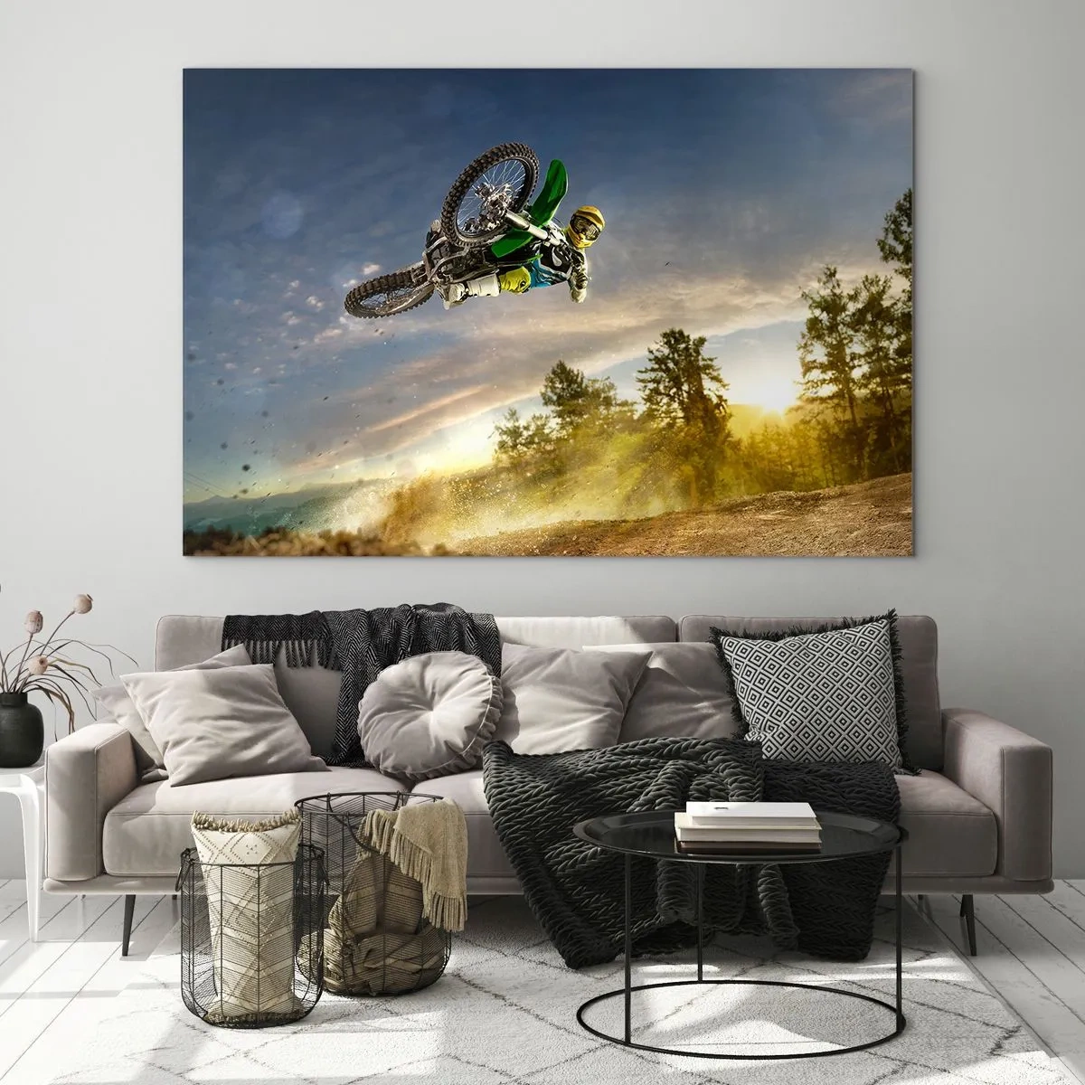 Billede på glas - En motorcyklist i aktion mod baggrunden af den nedgående sol - 70x50cm - Tænd for dine følelser! - Moderne vægdekoration til stue og soveværelse ARTTOR