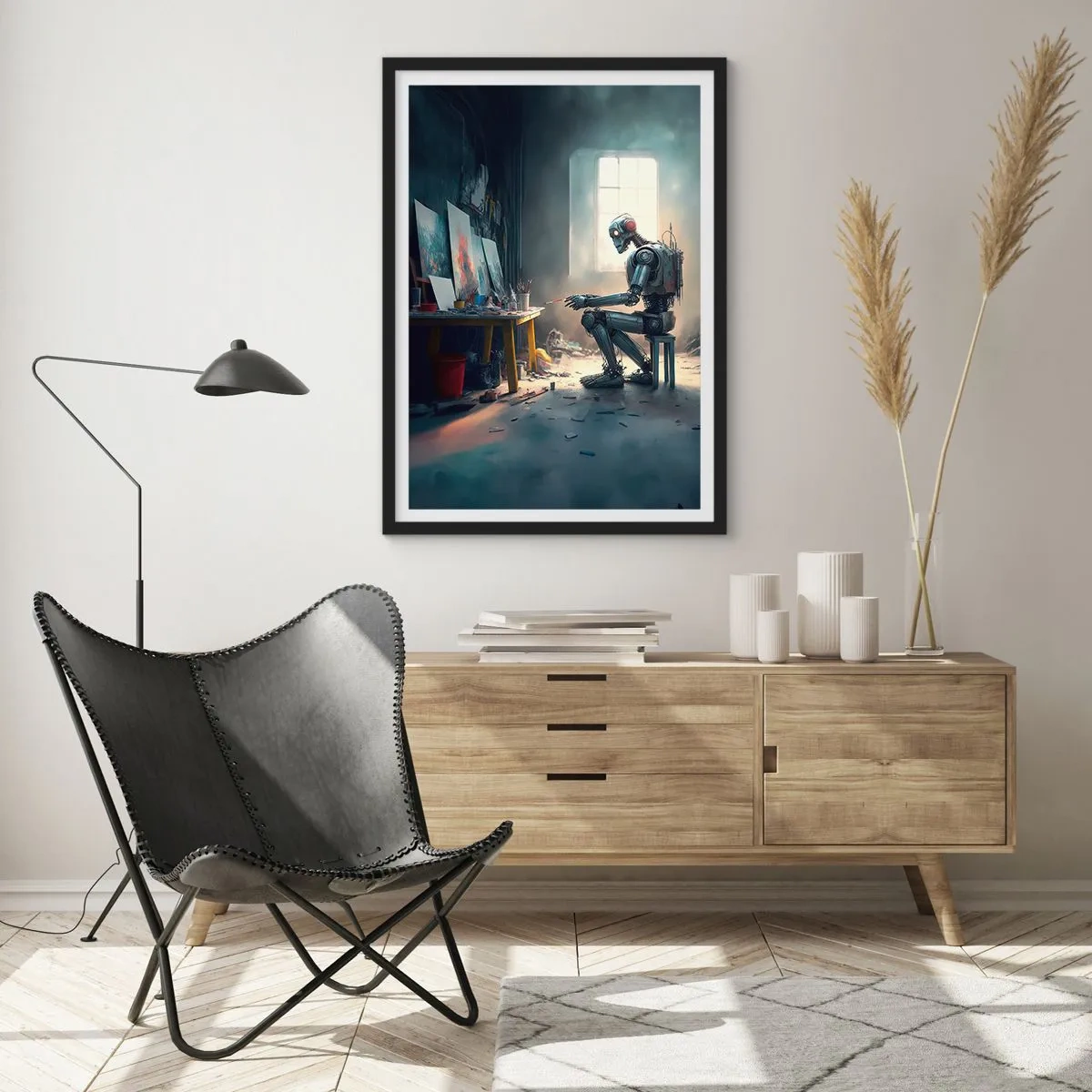 Plakat i sort ramme - Robotkunstner maler billeder i sit atelier - 50x70cm - Den skabende handling - Moderne vægdekoration til stue og soveværelse ARTTOR