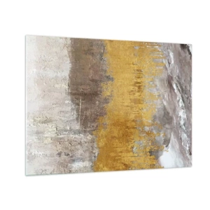 Billede på glas - Gyldne og jordnære strukturer skaber dynamisk abstraktion - 70x50cm - En gylden eksplosion - Moderne vægdekoration til stue og soveværelse ARTTOR