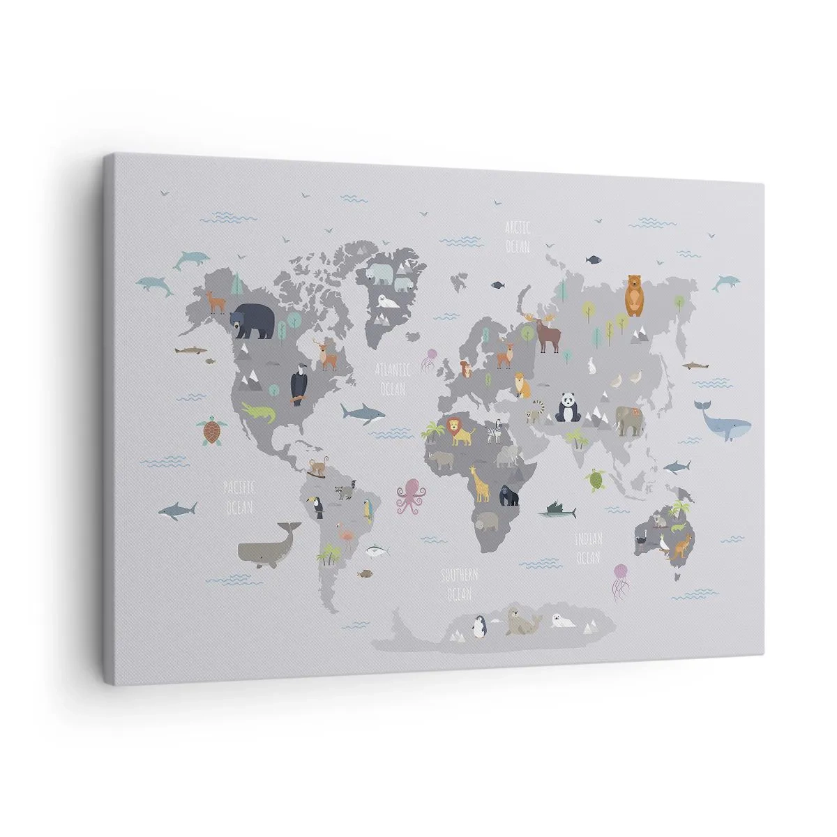 Lærredstryk - Billede på lærred - Et verdenskort med dyreillustrationer på en grå baggrund - 70x50cm - Fortæl mig, hvor du er fra... - Moderne vægdekoration til stue og soveværelse ARTTOR