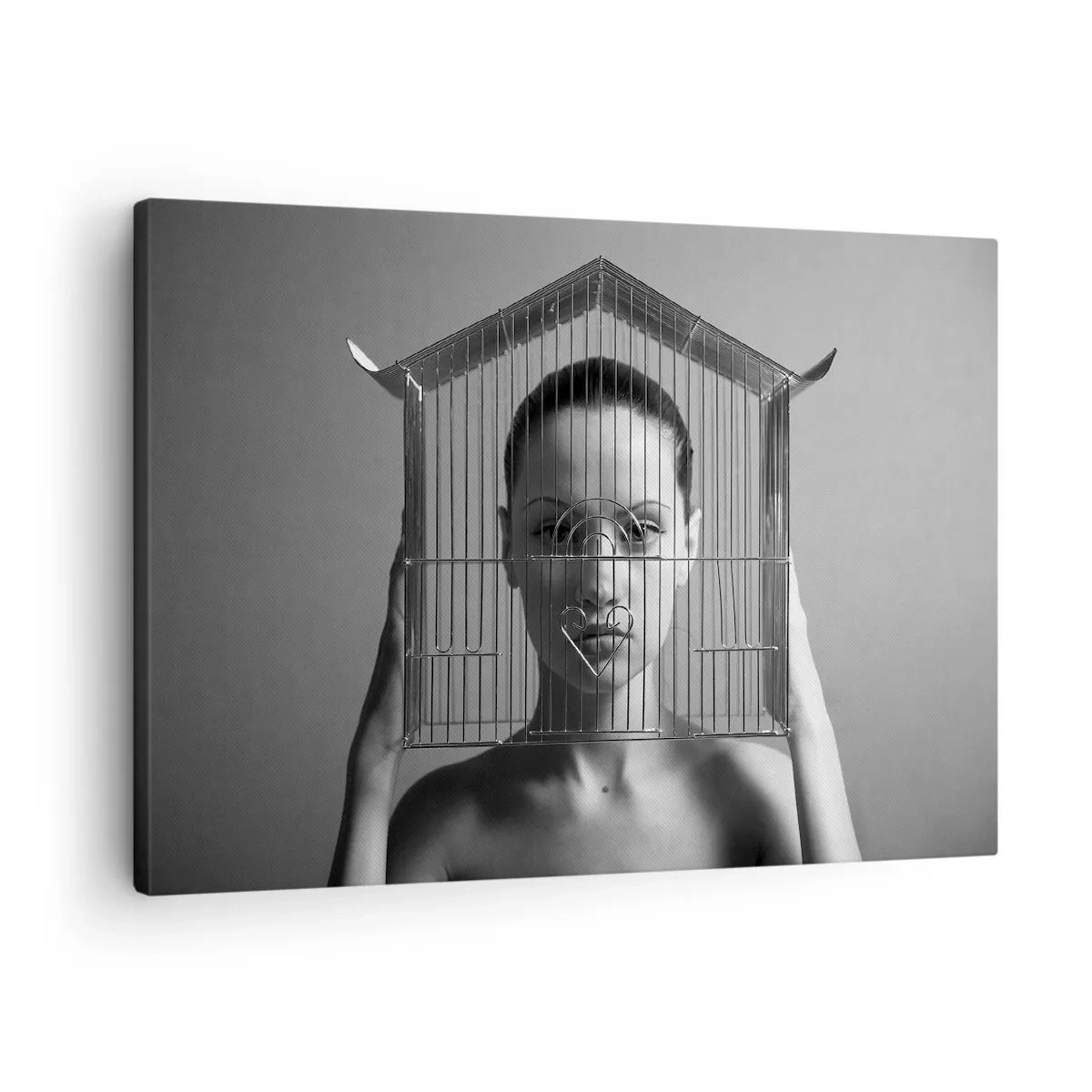 Lærredstryk - Billede på lærred - Kvinde bag et bur i surrealistisk stil - 70x50cm - Et lidt surrealistisk portræt - Moderne vægdekoration til stue og soveværelse ARTTOR