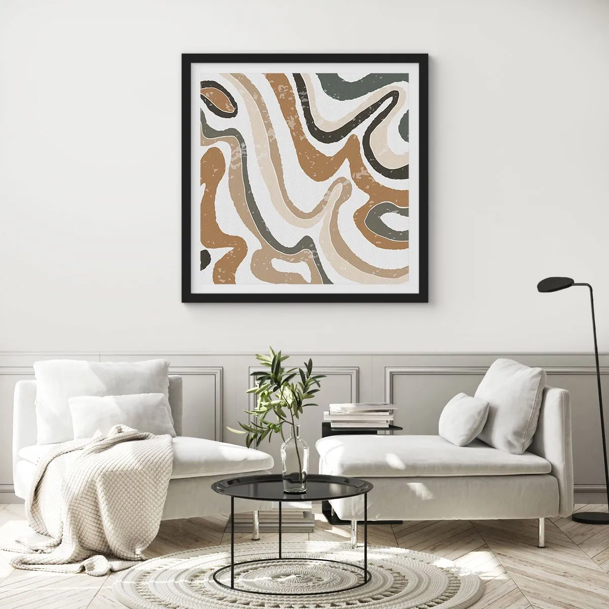 Plakat i sort ramme - Slyngninger af jordfarver - 30x30 cm