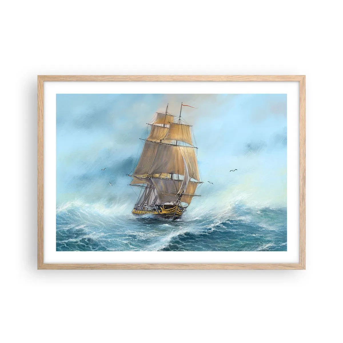 Plakat i ramme af lyst egetræ - Bølgende gennem bølgerne - 70x50 cm