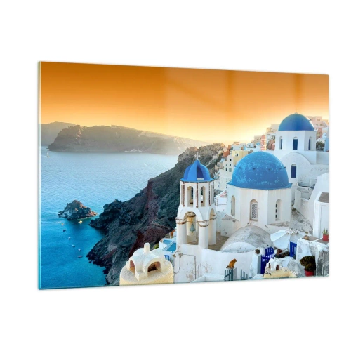 Billede på glas - Santorini - omfavnet af klipperne - 120x80 cm
