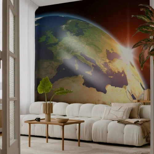 Fototapet Standard Eco - Solopgang - Kosmos, Globus, Kontinenter - 300x210 cm