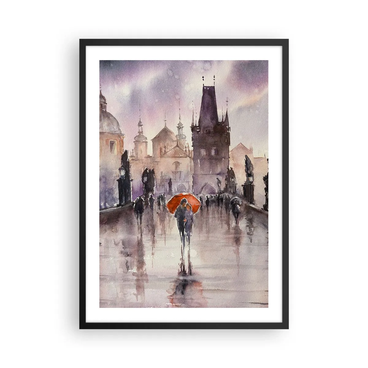 Plakat i sort ramme - En romantisk gåtur på broen på en regnvejrsdag - 50x70cm - Folk forandrer sig ikke - Moderne vægdekoration til stue og soveværelse ARTTOR