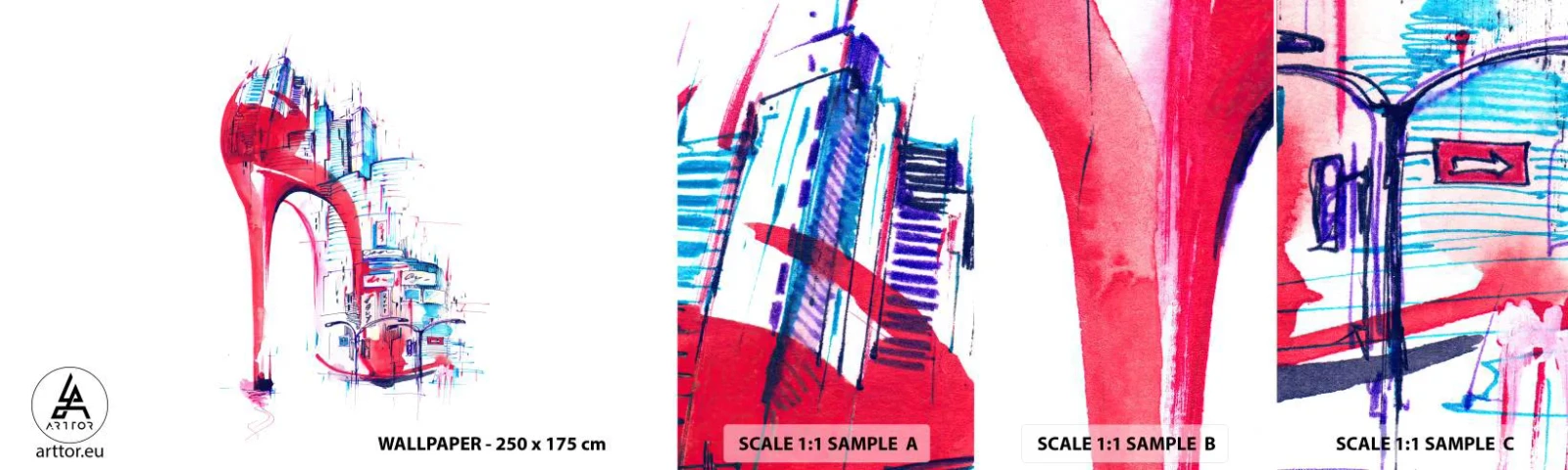 Prøve Fototapet Selvklæbende Deluxe Sticker - Elegant kvinde fra storbyen - Abstraktion, Arkitektur, Damesko - 100x30 cm