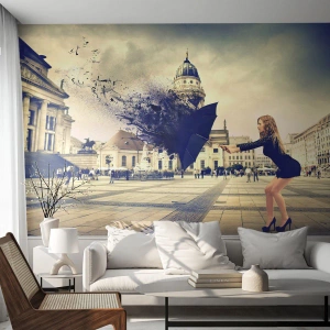 Fototapet Selvklæbende Deluxe Sticker - Der er en sådan vind... - Kvinde, By, Mystisk paraply - 100x70 cm