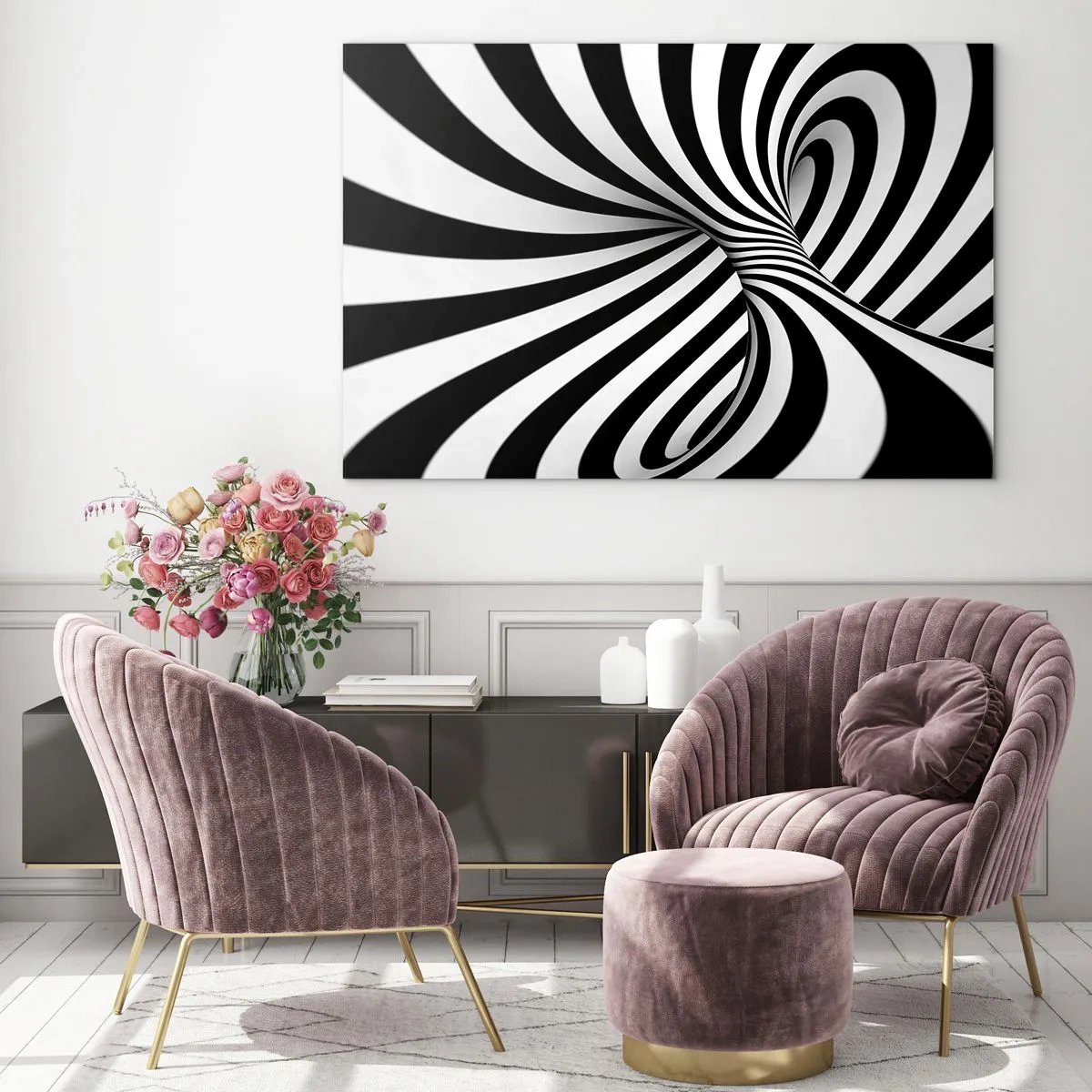 Billede på glas - En sort-hvid spiral, der skaber en dynamisk rumlig effekt. - 70x50cm - Sammensætning: dansende rum - Moderne vægdekoration til stue og soveværelse ARTTOR
