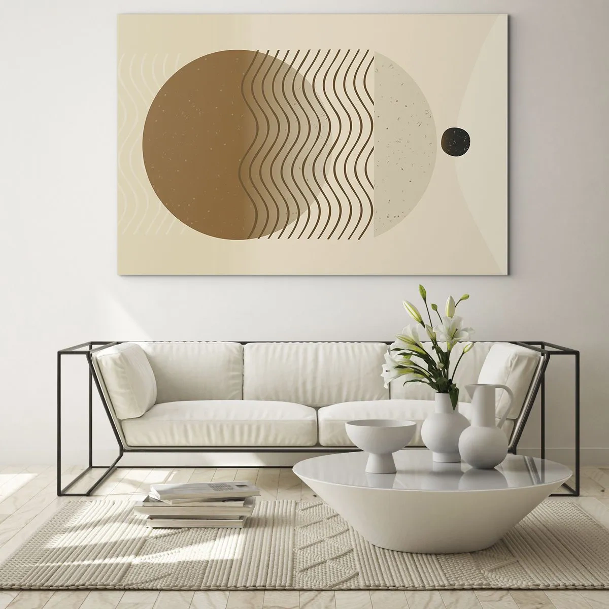Billede på glas - Geometrisk komposition med bølger og cirkler i beige farver - 70x50cm - Om geometriske figurers oprindelse - Moderne vægdekoration til stue og soveværelse ARTTOR